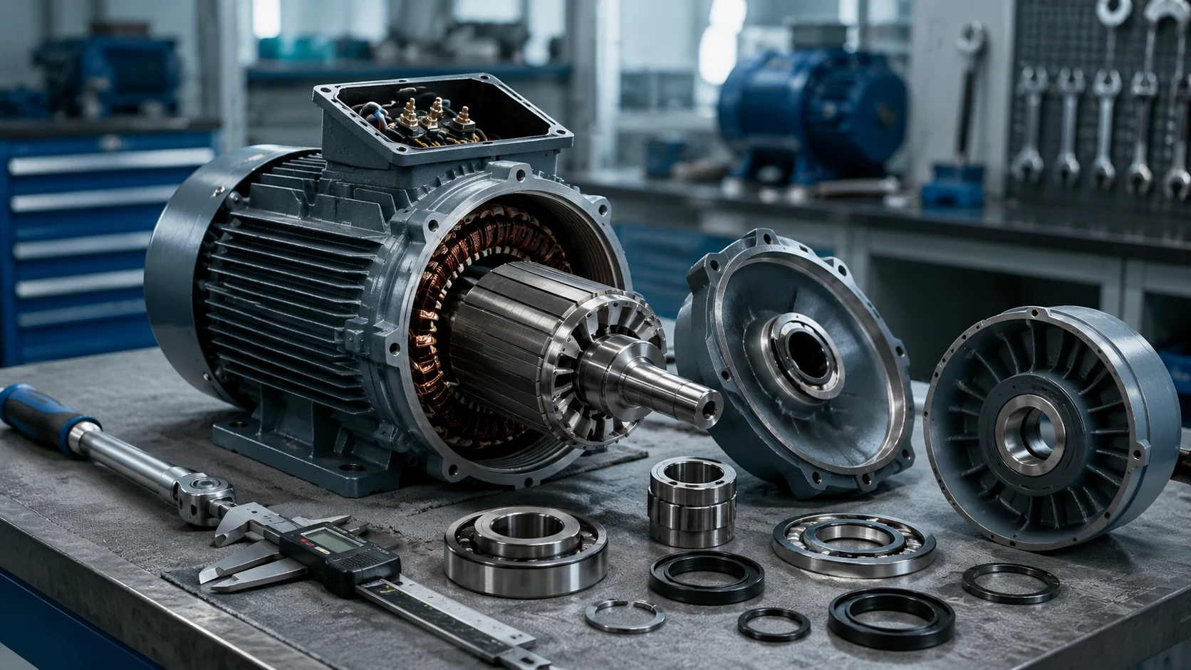 Demontierter Elektromotor auf einer Werkbank